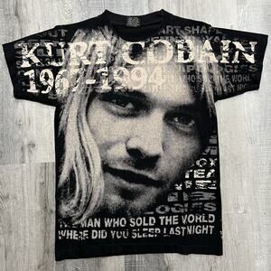 VTG Kurt Cobain AOP Nirvana Rock Eagle Memorial T Shirt Big Face All Over Print